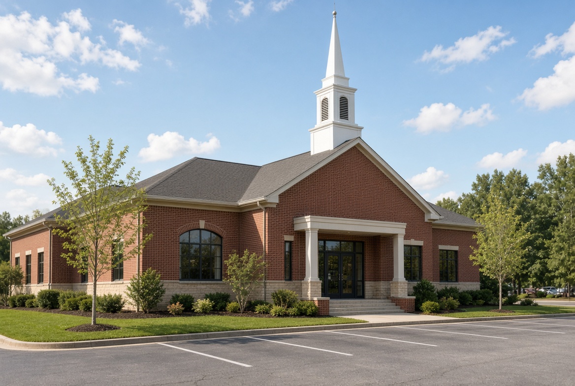 LDS meetinghouse exterior with steeple